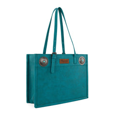 Teal tote bag with decorative studs on a white background