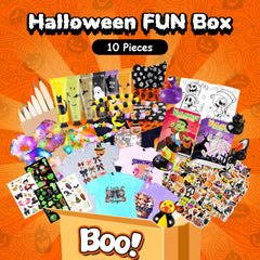 Halloween Fun Box 10 Pieces, Style Cotton Comfort T-shirt & Hand Cream & Tissue Paper & Colored Pencils & Coloring Books & Bracelets & Light Up Scrunchies & Ducks Toys & Tattoos Stickers & Stickers