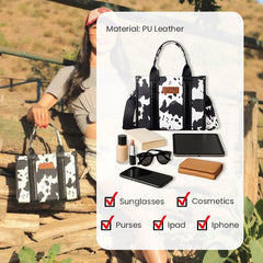 Person holding a cow print handbag with lifestyle and product features displayed.
