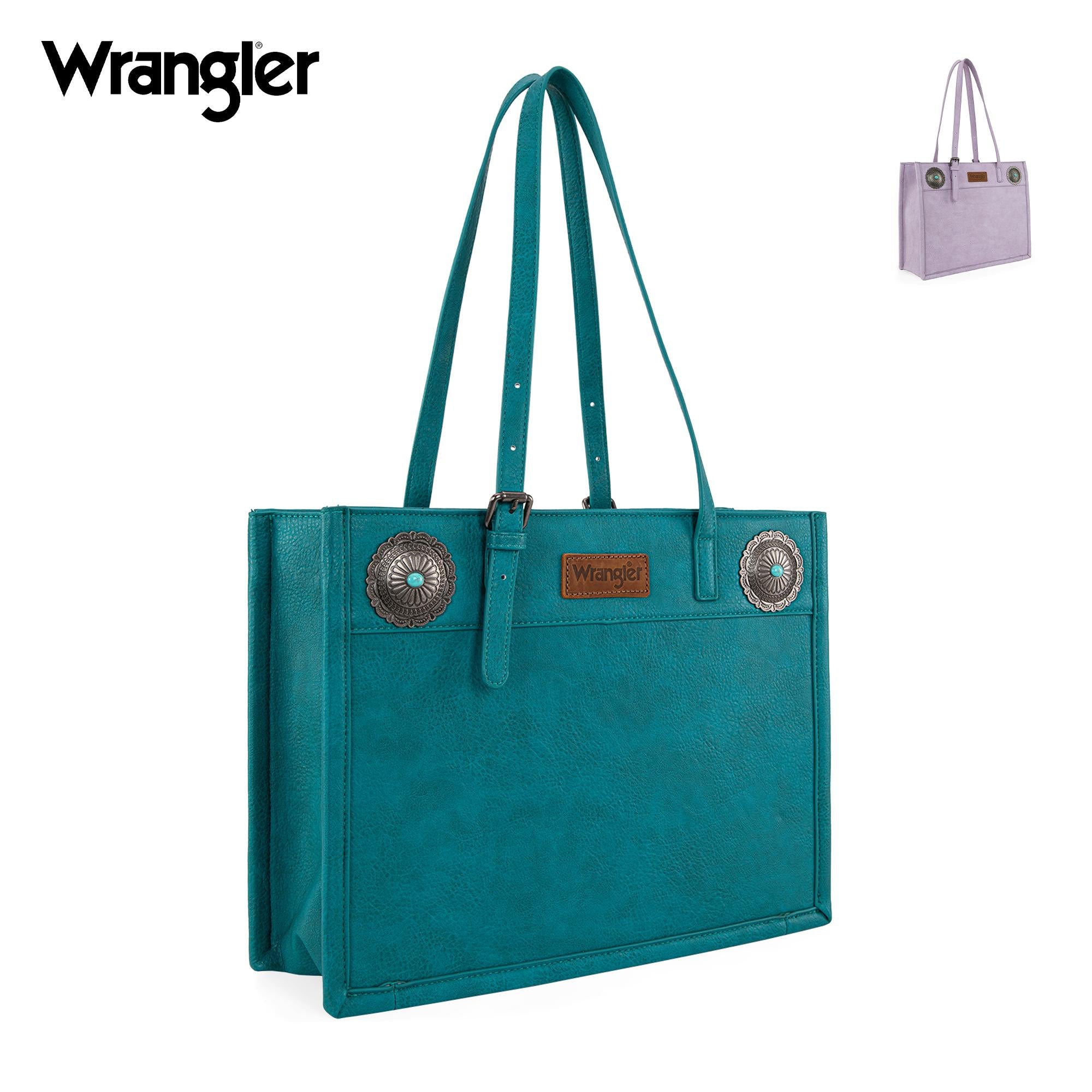 Teal tote bag with decorative conchos and 'Wrangler' branding on a white background.