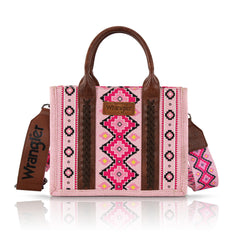 Pink handbag with brown accents and 'Wrangler' branding on a white background