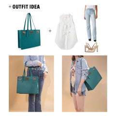 Outfit idea with teal tote bag, white blouse, light blue jeans, and beige heels on a beige background.