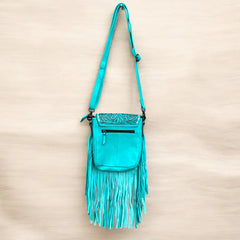 Conch Tooled Leather Fringe Crossbody Bag - Turquoise