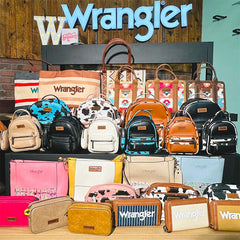 Wrangler purse mystery bag collection-cow print purses, wallet, belt bag, Wrangler crossbody bags, Aztec totes, 2-piece buket bag and Western cowgirl best selling cow print backpacks