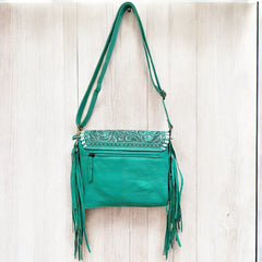 Tooled Leather & Cowhide Fringe Crossbody Bag - Turquoise
