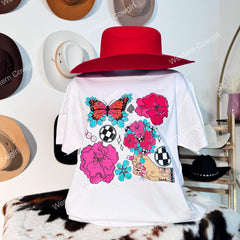 Western Style T-shirt, Western Style Letter T-shirt, Cotton Comfort Shirt, Butterfly & Flower