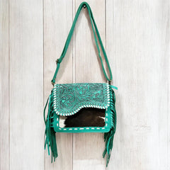 Tooled Leather & Cowhide Fringe Crossbody Bag - Turquoise