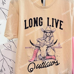Western Style T-shirt, Western Style Letter T-shirt, Cotton Comfort Shirt, Long Live Outlaws