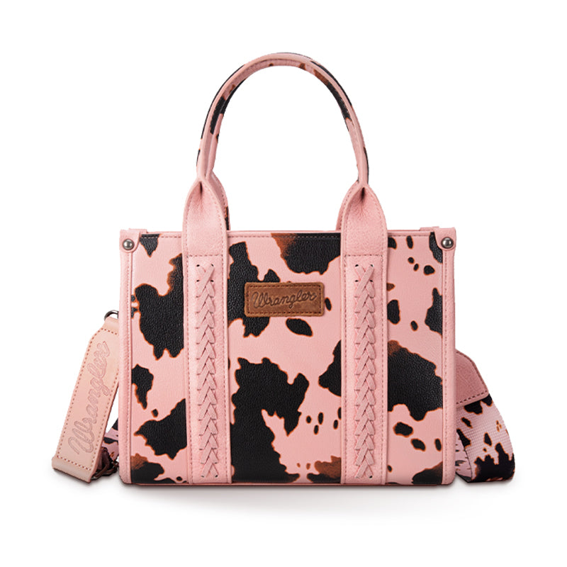 Pink Wrangler Cow Print Crossbody Bag on a White Background