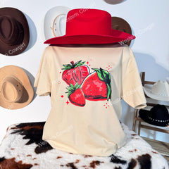 Western Style T-shirt, Western Style Letter T-shirt, Cotton Comfort Shirt, Strawberry
