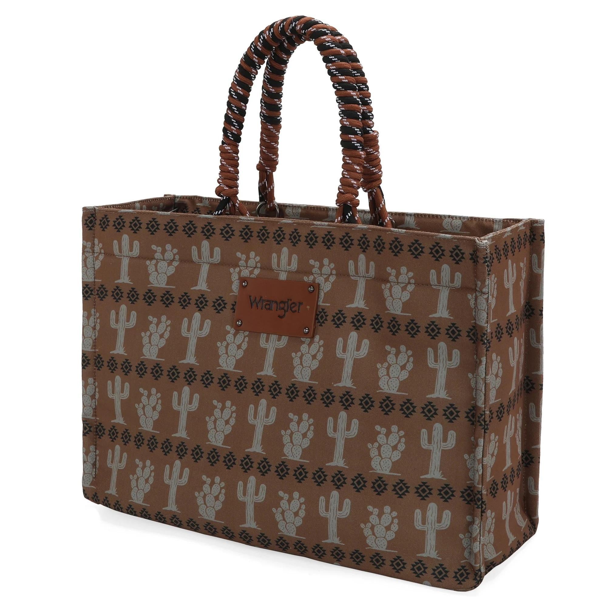 Wrangler purser in colow brown with canvas material as a weekender tote bag in cactus and paw print pattern, retro braided rope handles, and front leather logo patch