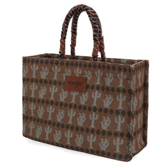 Wrangler purser in colow brown with canvas material as a weekender tote bag in cactus and paw print pattern, retro braided rope handles, and front leather logo patch