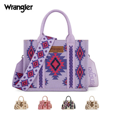 Purple handbag with geometric pattern and 'Wrangler' branding on a white background