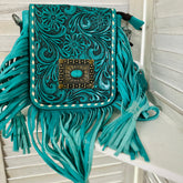 Conch Tooled Leather Fringe Crossbody Bag - Turquoise