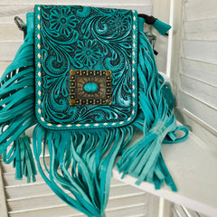 Conch Tooled Leather Fringe Crossbody Bag - Turquoise