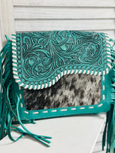 Tooled Leather & Cowhide Fringe Crossbody Bag - Turquoise
