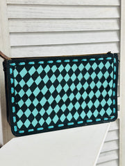 Checker Tooled Leather Crossbody Bag - Teal Blue