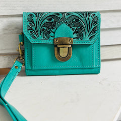 Tooled Leather Wristlet Wallet - Turquoise