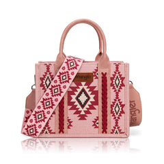 Pink handbag with a patterned strap on a white background