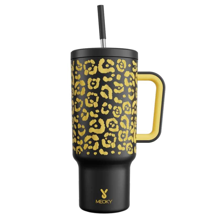 40oz Western Cowgirl Tumbler – Gold Leopard Print with Handle & Straw