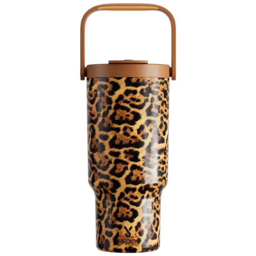 40oz Western Cowgirl Tumbler – Gold Leopard Print with Handle & Straw