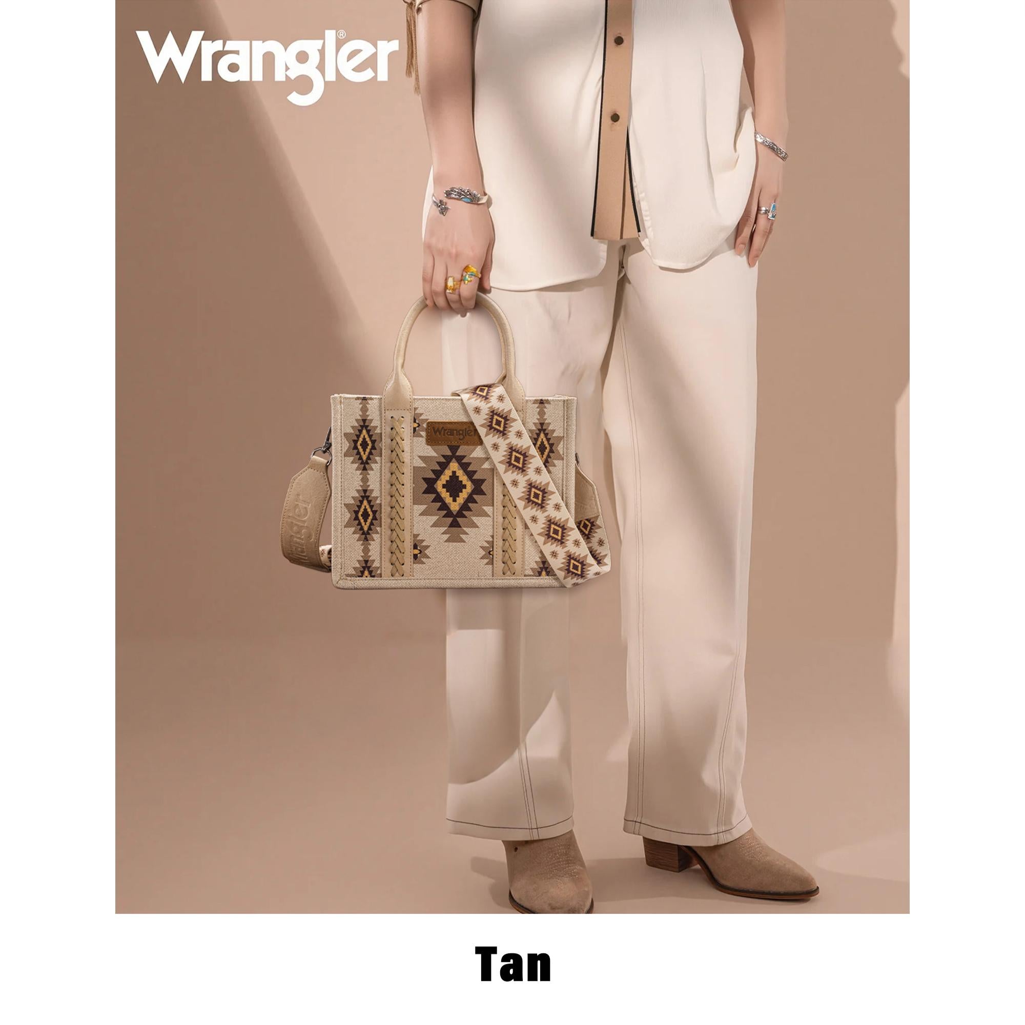 Person holding a tan handbag with geometric patterns, wearing a beige outfit, on a beige background with Wrangler branding.