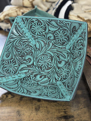 Tooled leather large storage bowl Decorative Bowl