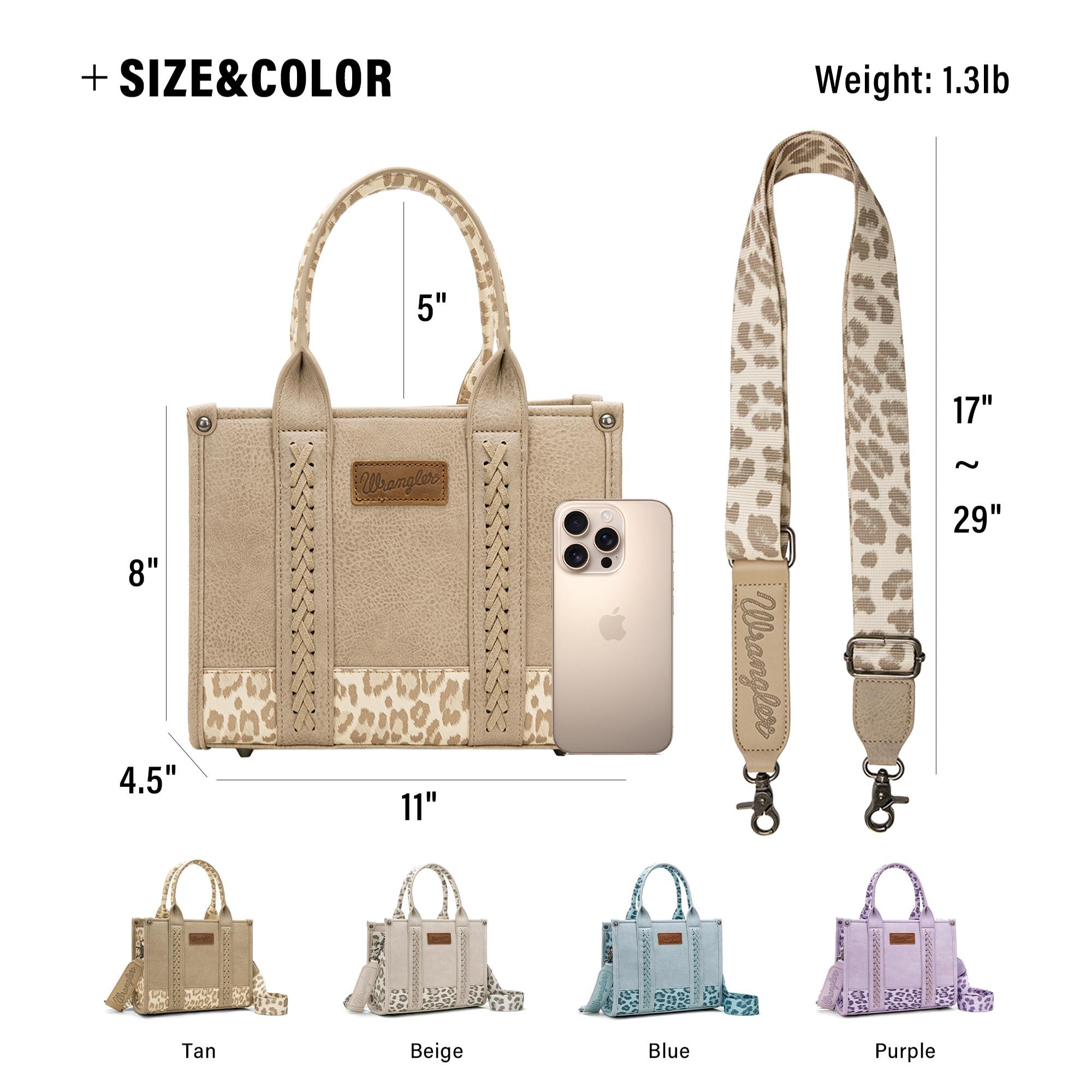 Wrangler leopard crossbody tote collection bags with leopard print details, shown in four colors: tan, beige, blue, and purple. Displayed with adjustable strap (17”–29”) and dimensions: 11” wide, 8” tall, 4.5” deep. Lightweight at 1.3 lb.