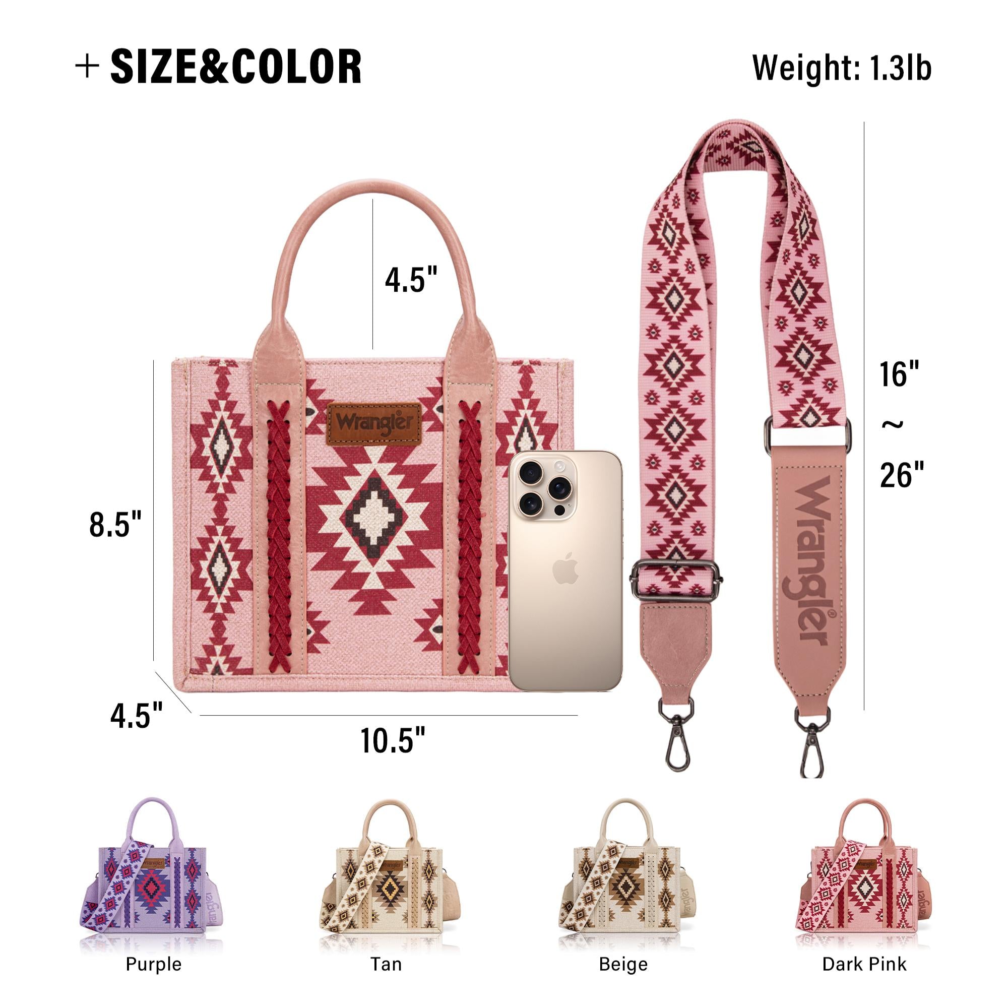 Measurement chart of a pink handbag with strap, showing dimensions and weight, with additional color options displayed below.
