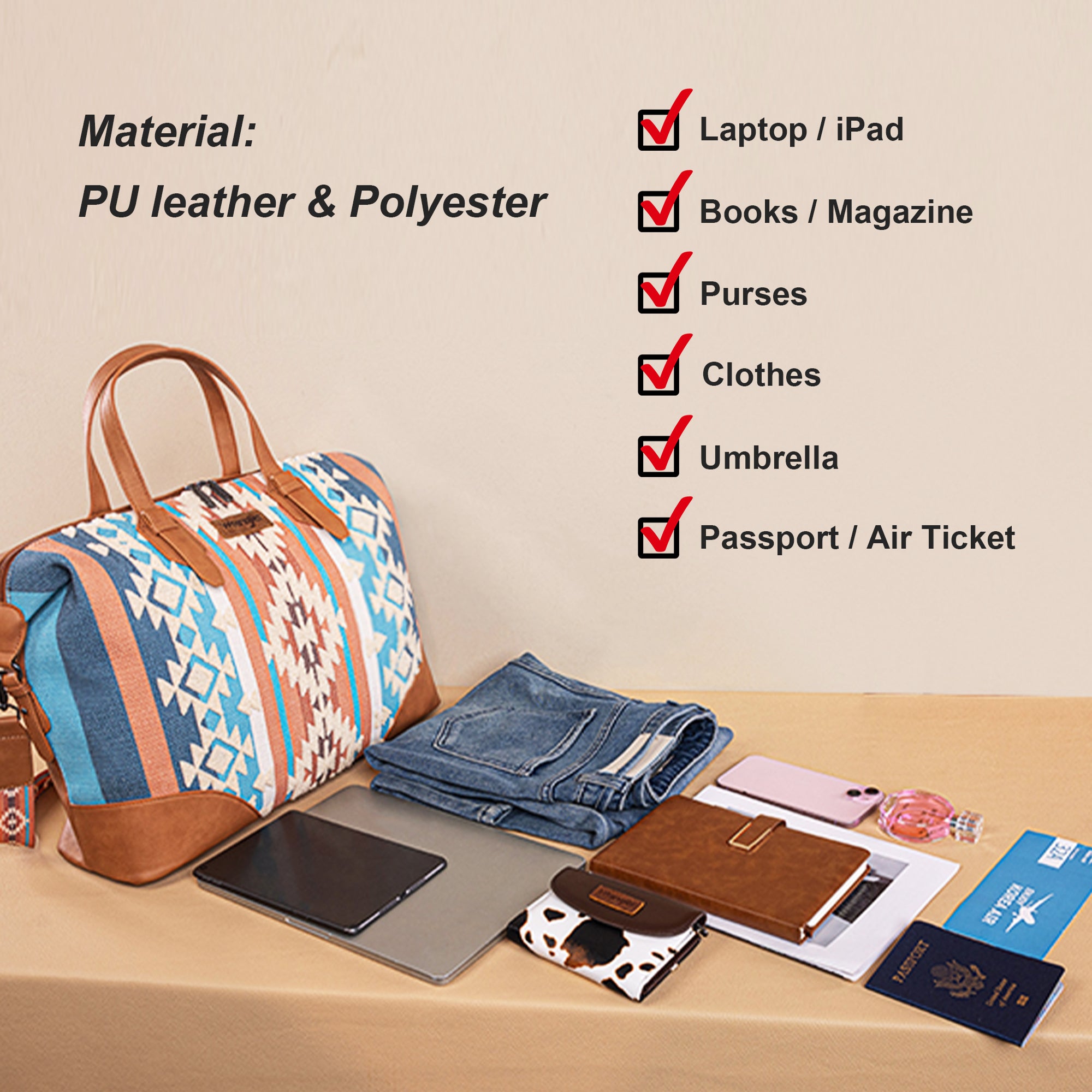 Wrangler Western Style Foldable Travel Duffle Bag, Overnight Bag for Beach Swim, Sports Gym Bag