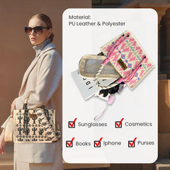 Woman holding a patterned handbag with a product card detailing material and uses.
