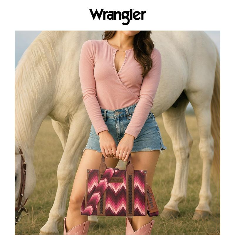 Canvas Crossbody Tote with Zigzag Pattern - Dark Pink 
