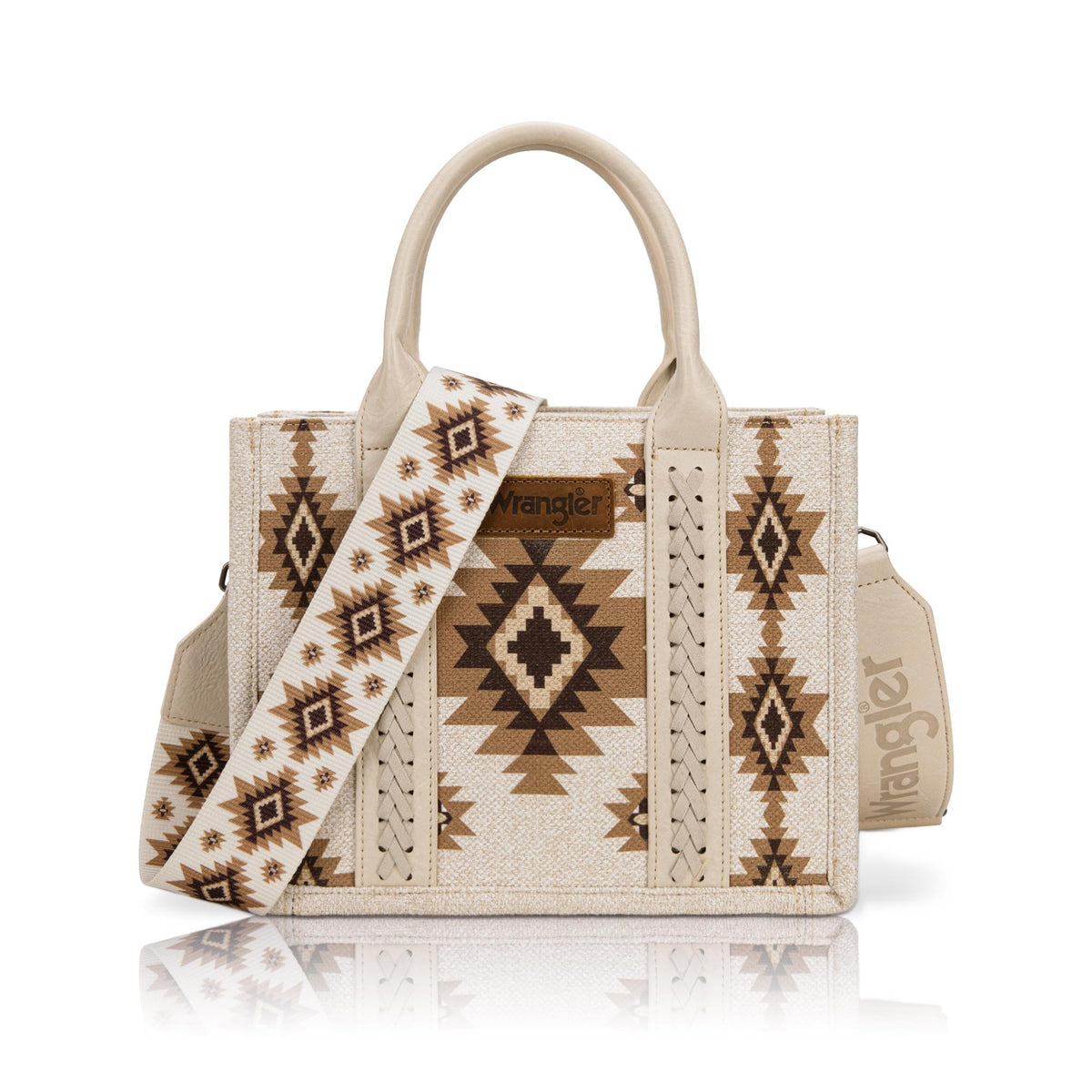 Beige handbag with patterned strap on a white background