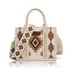 Beige handbag with patterned strap on a white background