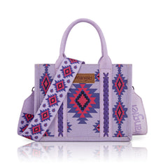 Purple handbag with patterned strap on a white background