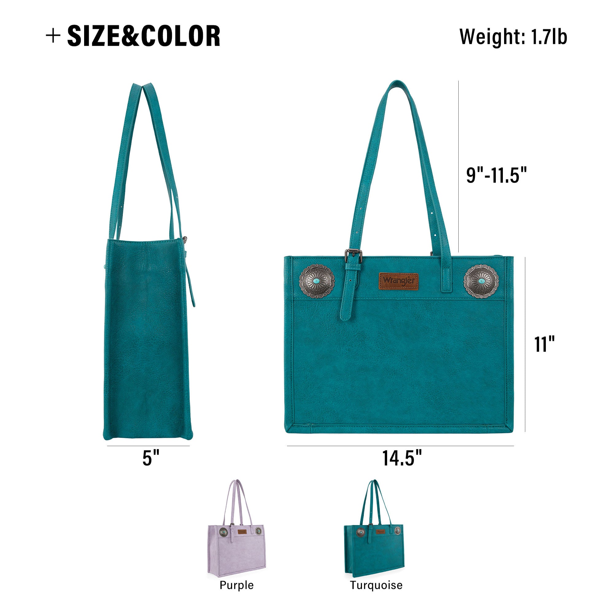 Teal tote bag with measurements and color options on a white background