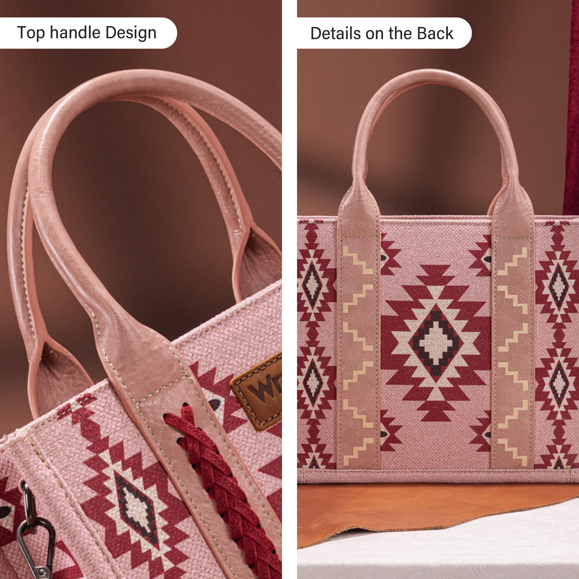 Pink handbag with geometric pattern and top handle design shown from two angles.