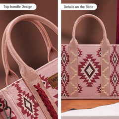 Pink handbag with geometric pattern and top handle design shown from two angles.