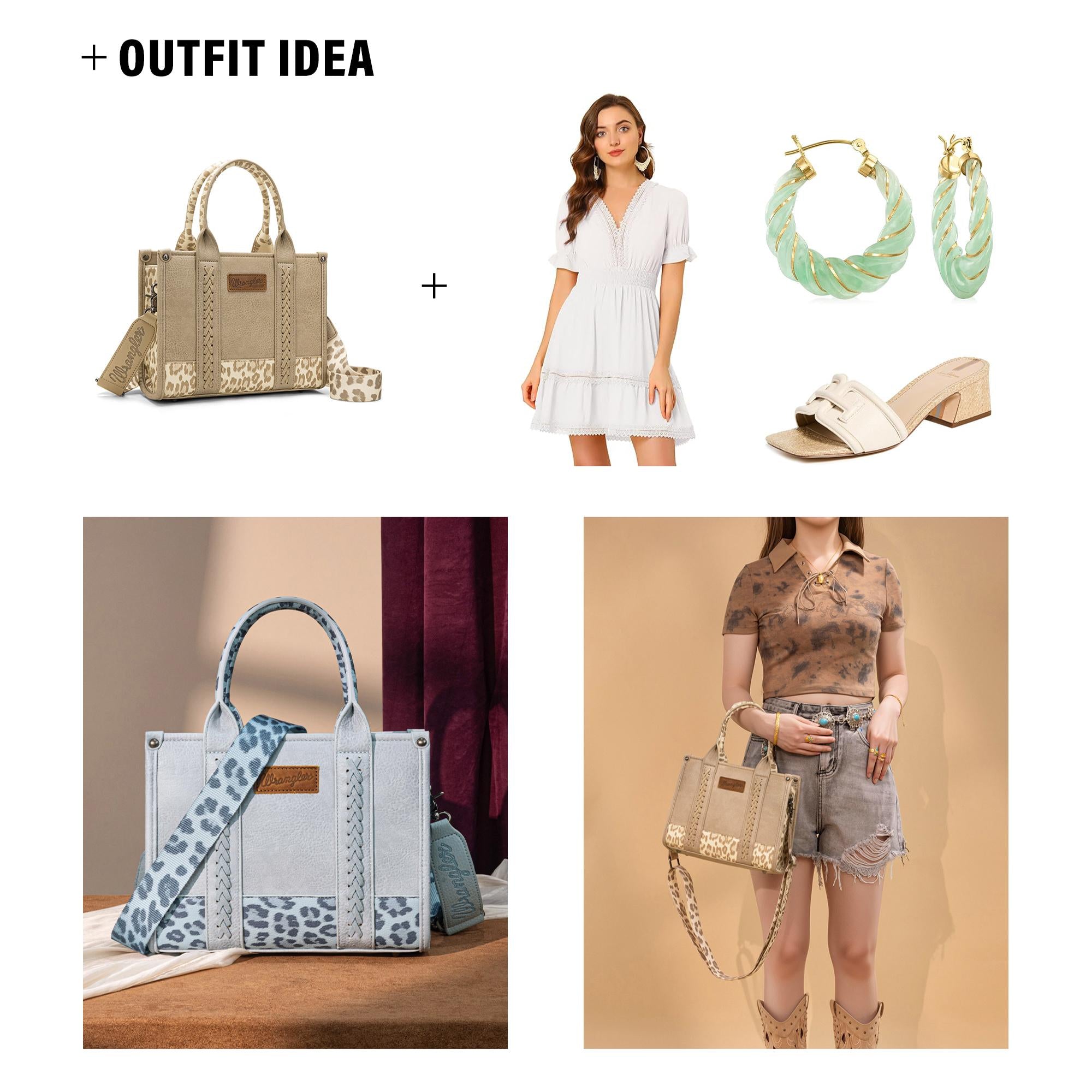 Wrangler leopard canvas tote bag styled with white summer dress, mint hoop earrings, beige heels, and Western cowgirl outfit inspiration featuring blue and tan leopard crossbody bags.