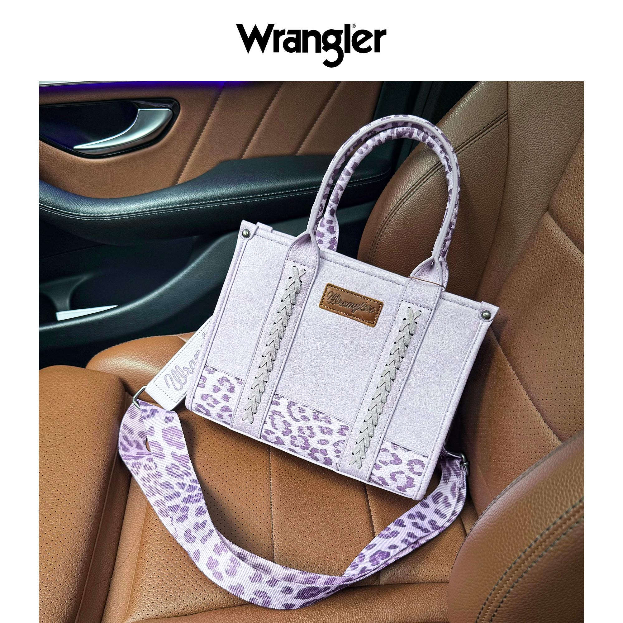 Wrangler purple crossbody tote bag with braided top handles and leopard-print strap