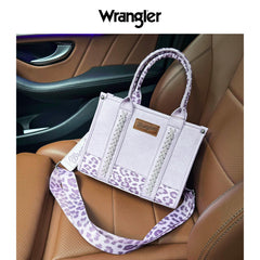 Wrangler purple crossbody tote bag with braided top handles and leopard-print strap