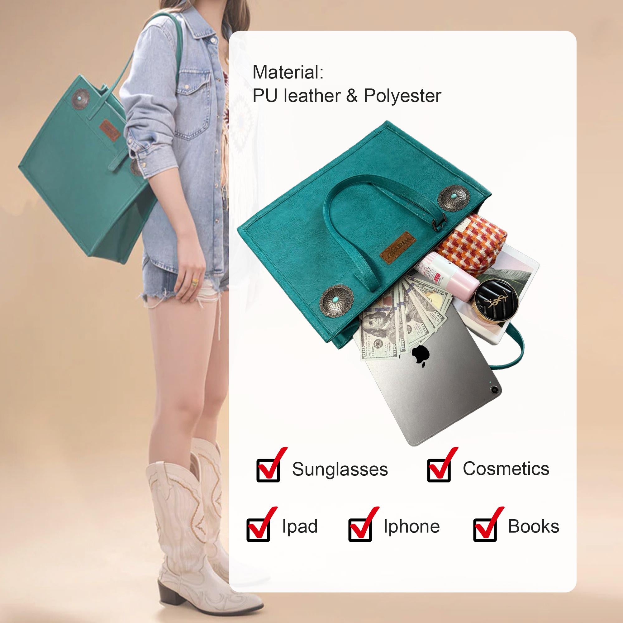 Teal handbag with compartments for sunglasses, cosmetics, iPad, iPhone, and books on a beige background.