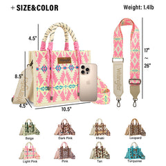 Measurement chart of a pink and beige handbag with strap, showing dimensions and weight, with color options displayed below.