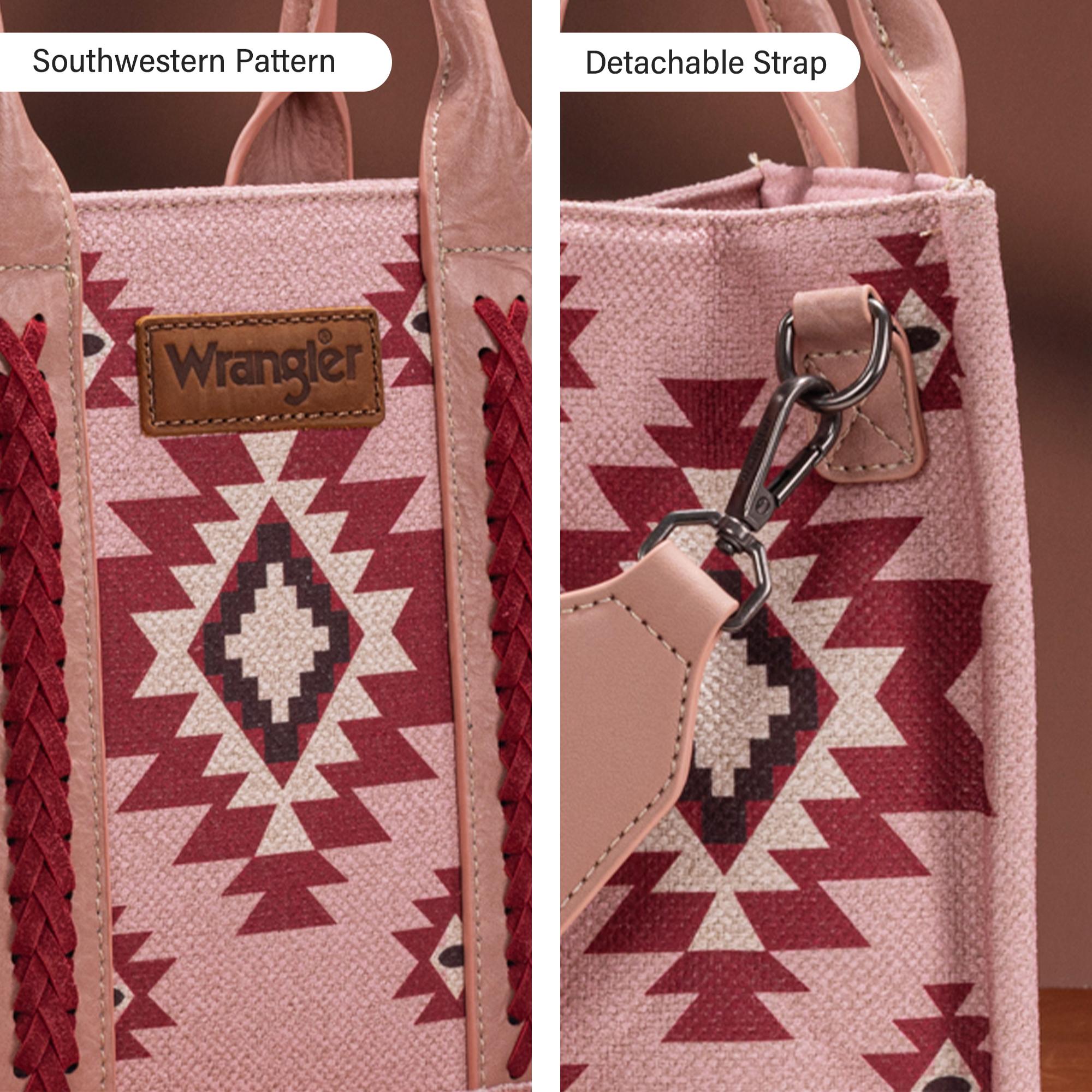 Pink tote bag with southwestern pattern and detachable strap, featuring Wrangler brand.