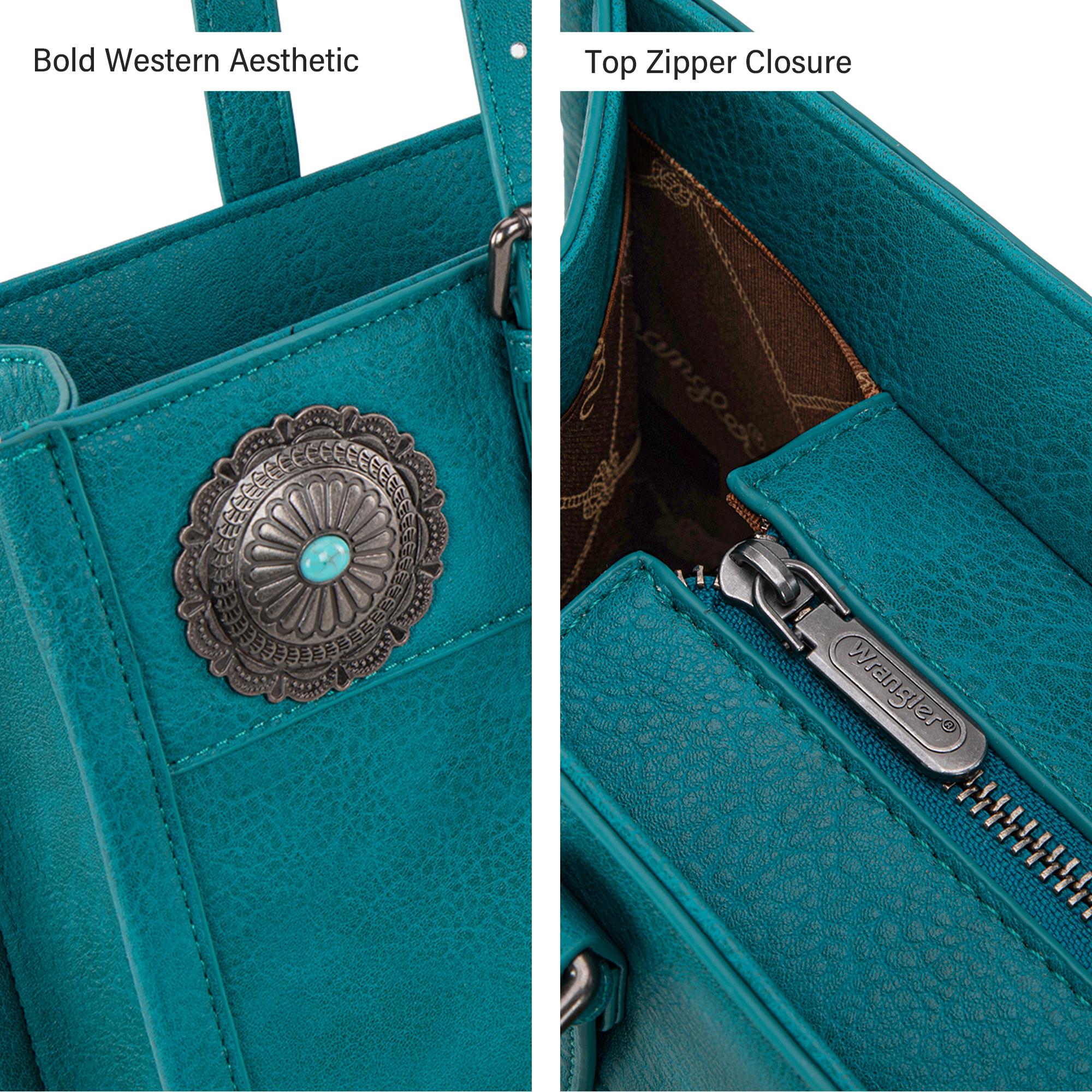 Teal handbag with decorative button and top zipper closure