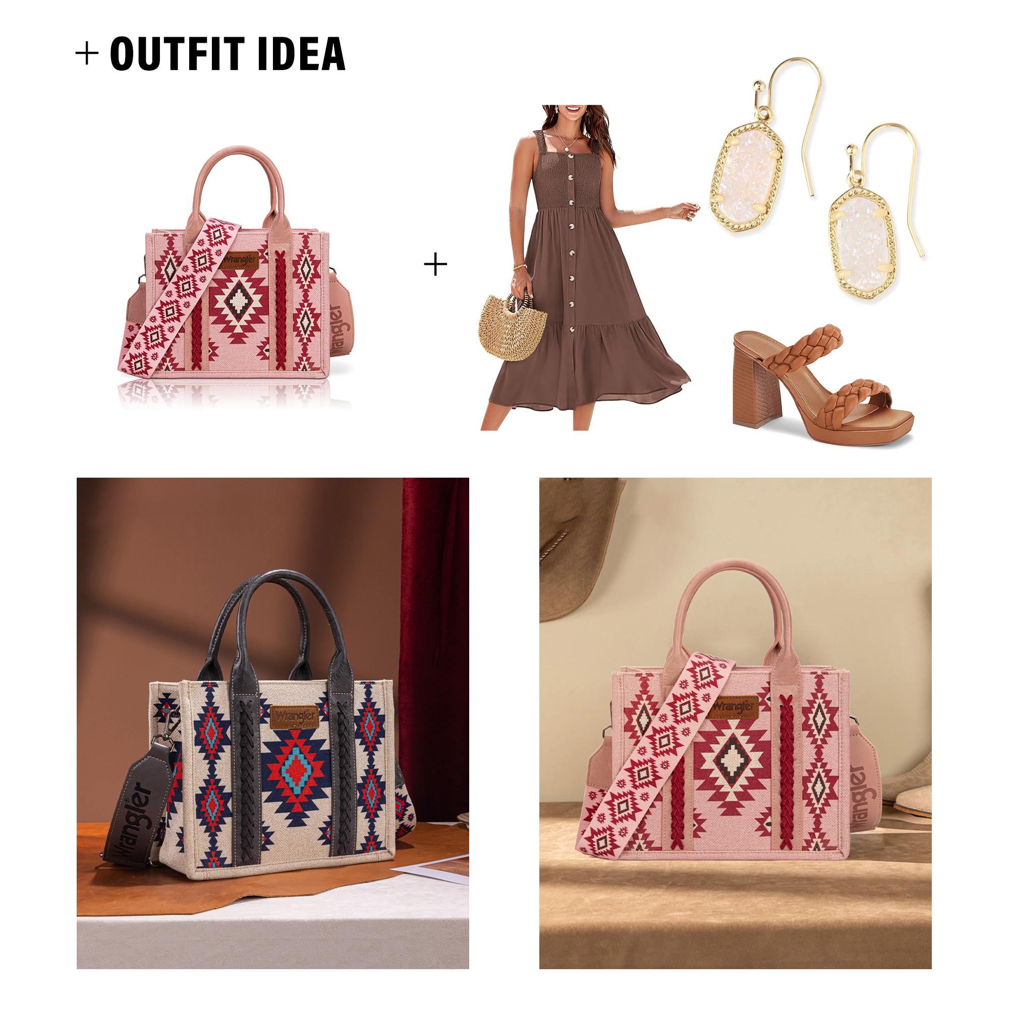 Outfit idea collage with bags, dress, earrings, and sandals on a white background