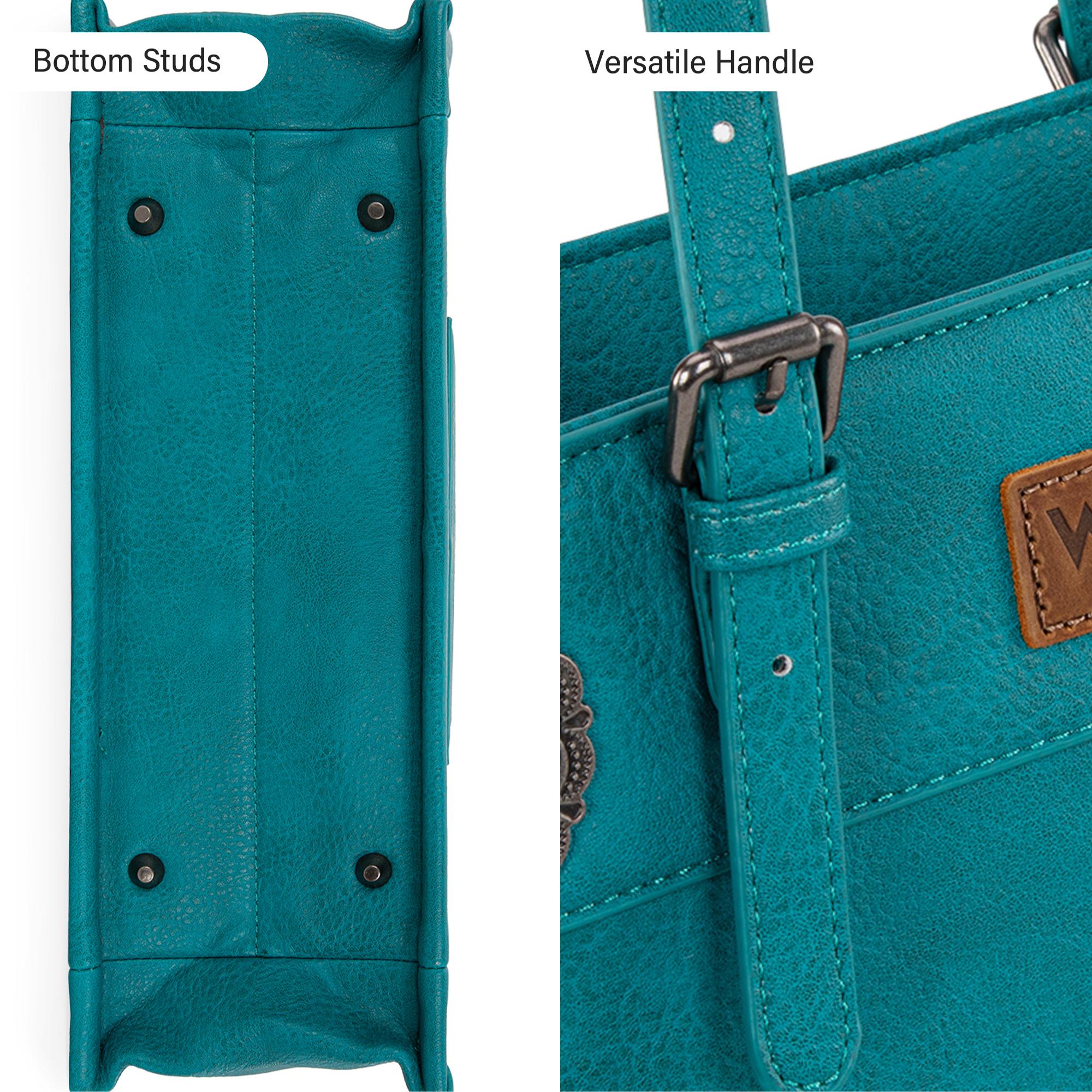 Teal handbag with bottom studs and versatile handle on a white background