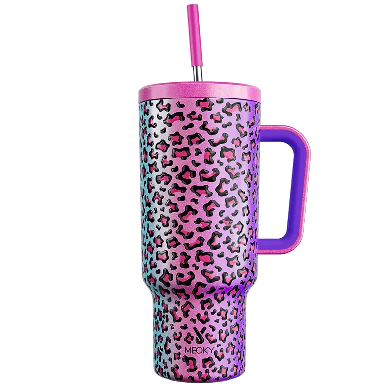 40oz Western Cowgirl Tumbler – Gold Leopard Print with Handle & Straw