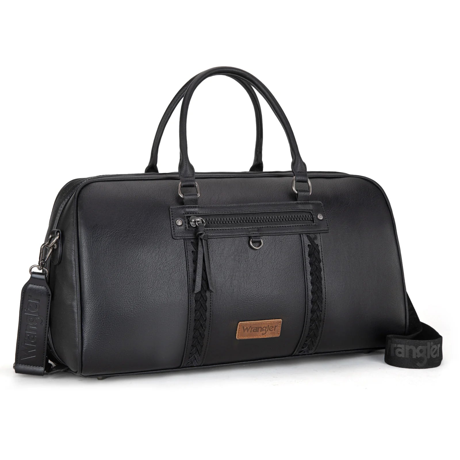 Black Wrangler duffle bag with whipstitch details, PU leather material, top zipper, front pocket, and detachable guitar-style shoulder strap.
