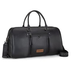 Black Wrangler duffle bag with whipstitch details, PU leather material, top zipper, front pocket, and detachable guitar-style shoulder strap.

